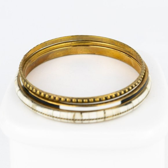 COPY - Lot of 3 Bangle Bracelets Boho Brass Inlaid Bone Black White Enamel Text… - Picture 7 of 9